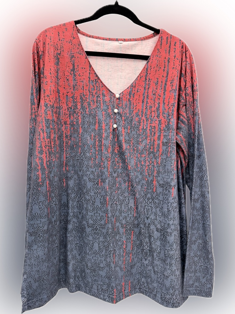 Bengbobar XXL Red Gray Boho Ethnic Print V Neck Long Sleeve Top